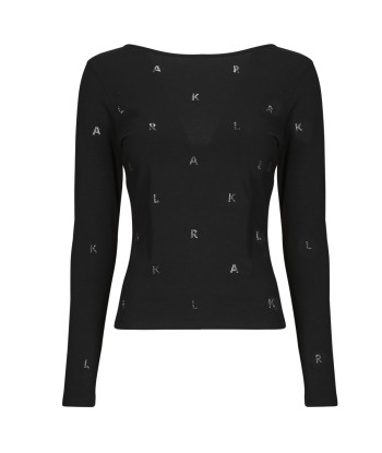 T-shirt femmes Karl Lagerfeld RHINESTONE KARL OPEN BACK LSLV Noir