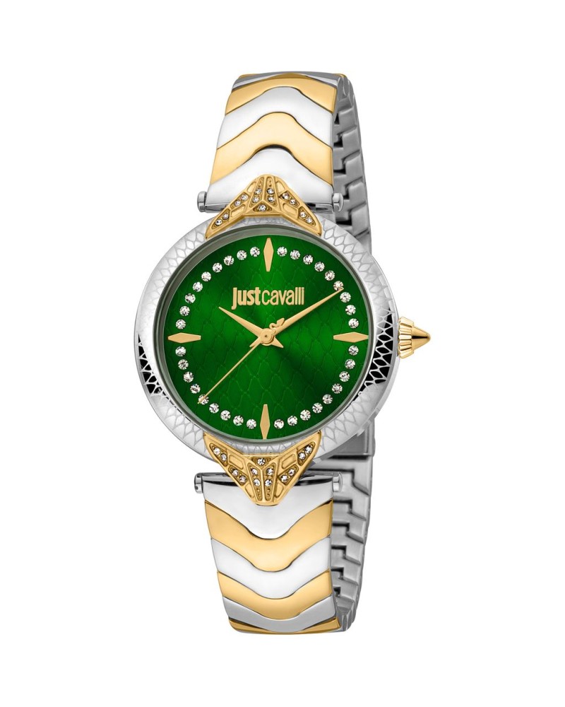 Montre bracelet métal argenté et doré cadran analogique fond vert pour femmes
